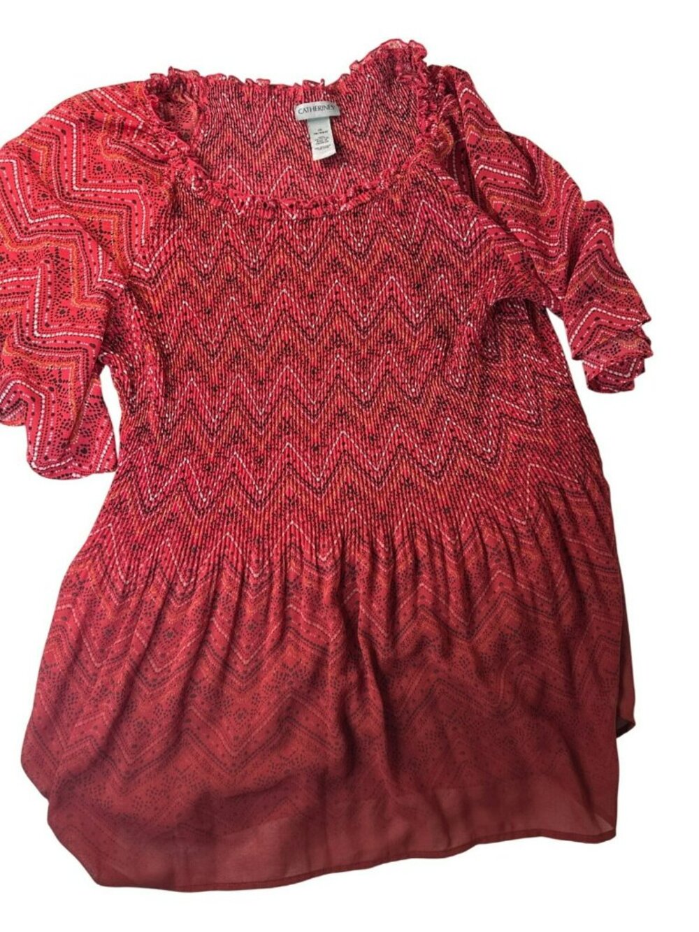 Catherine's Smocked Blouse Women's 1x 18/20 Cottage Core Red Chevron  Career